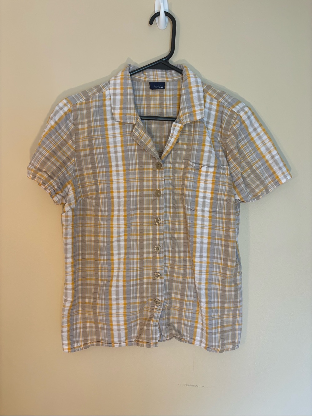 Basic Editions Short-Sleeve Plaid Button-Down Shirt - Yellow, White & Tan